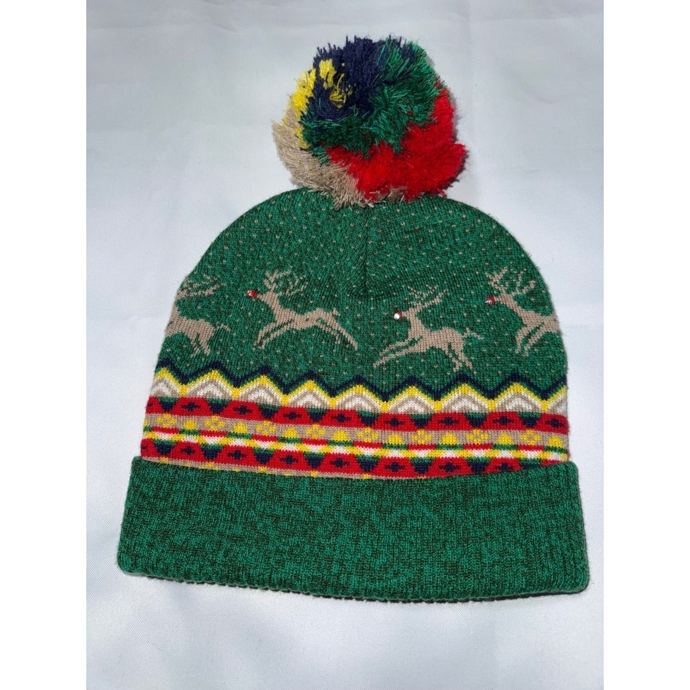 American Eagle Reindeer Fair Isle Knit Beanie Green Pom Pom Holiday Winter Hat